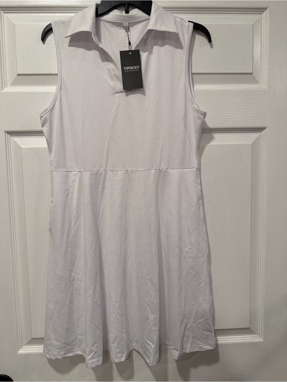 NWT Yipocky White Sleeveless Athletic Dress L V-Neck Polo Design High Stretch